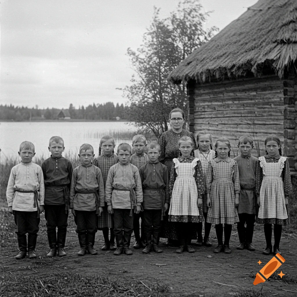 A black and white photograph of a group of children and an adult woman posing outside a rustic wooden building with a thatched roof, next to a lake.