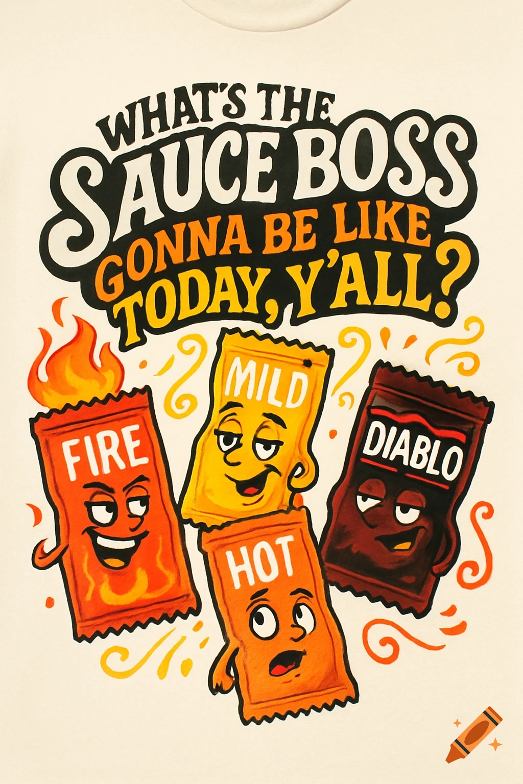 Colorful T-shirt illustration with four cartoon hot sauce packets (Fire, Mild, Hot, Diablo) and the text 'What's the sauce boss gonna be like today, y'all?'