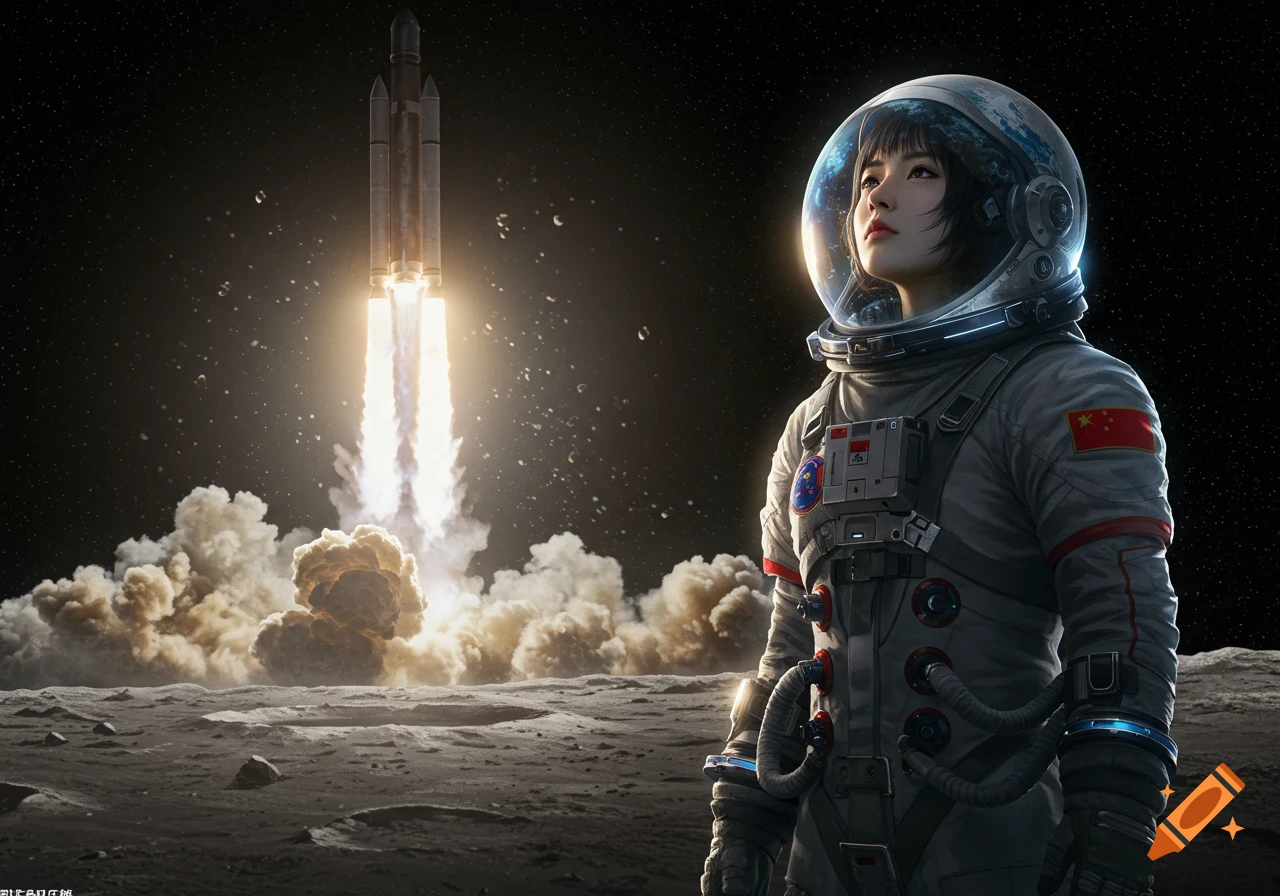 A photorealistic depiction of a Chinese female astronaut on the moon, looking up at a large rocket launching into space with bright exhaust flames and smoke.