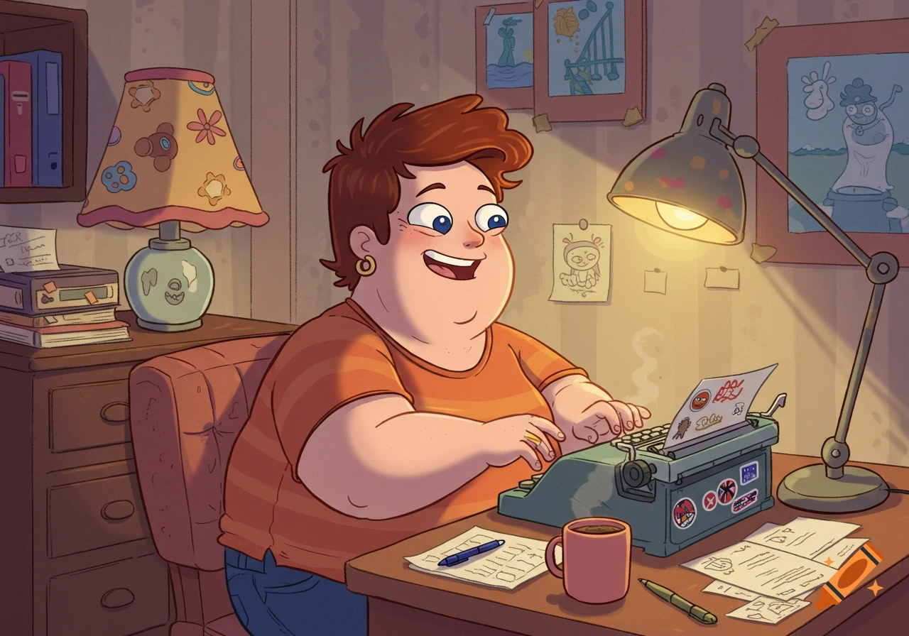 A cartoon woman with a pixie haircut sits at a desk, typing on a vintage typewriter under a bright desk lamp, in the style of Phineas and Ferb.