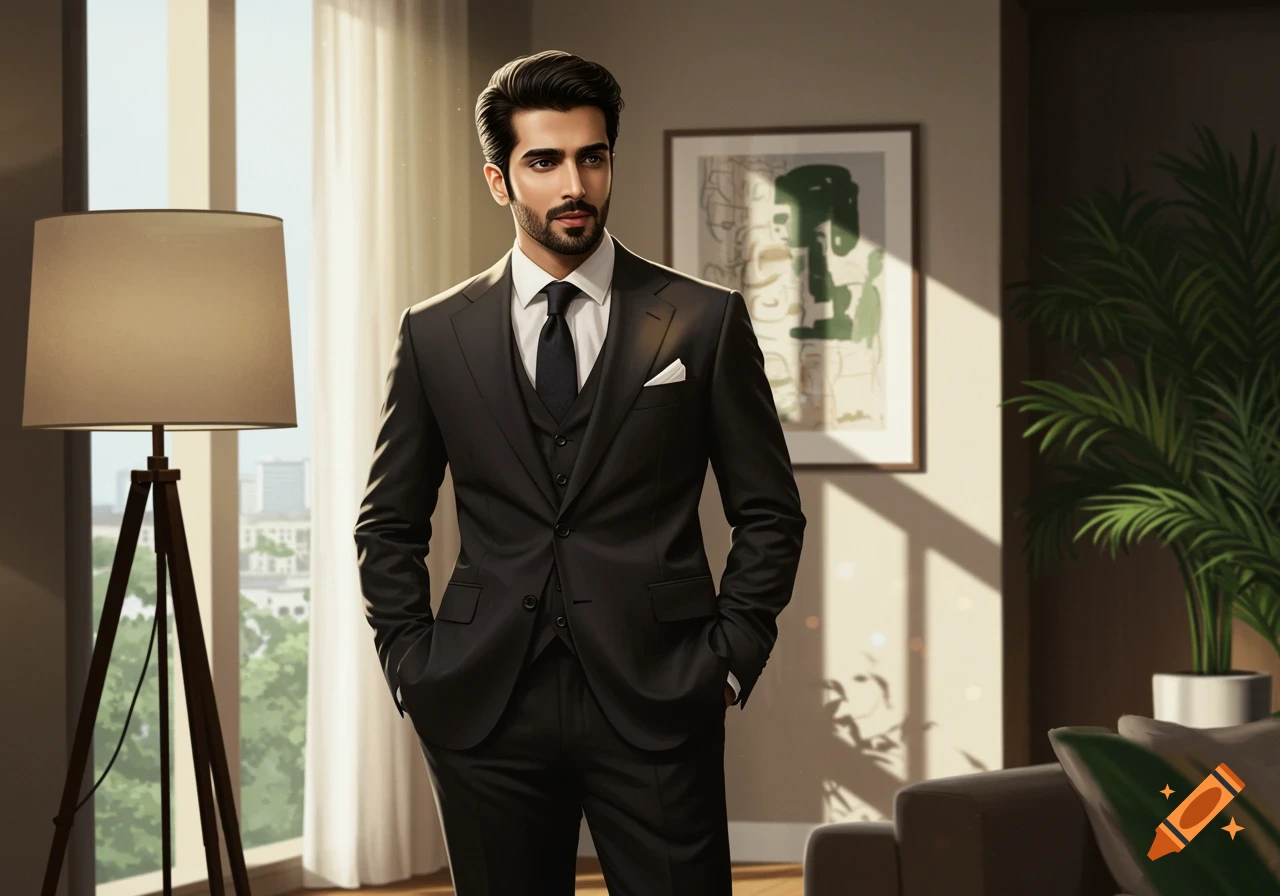A man in a dark suit stands with hands in pockets in a bright, modern room with a lamp, window, and abstract art.