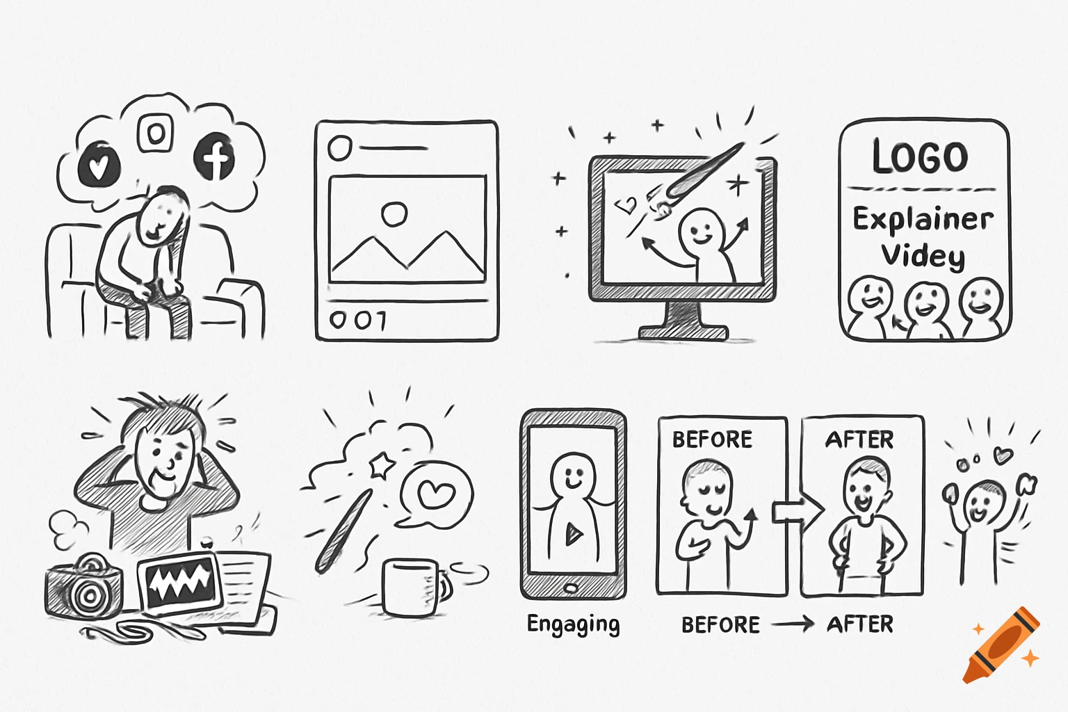Black and white doodle icons illustrating business topics including social media, video production, and marketing.