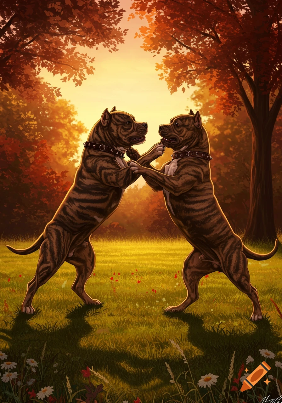 Two brown brindle American Bullies playfully stand on hind legs in a vibrant autumn forest, digital art.