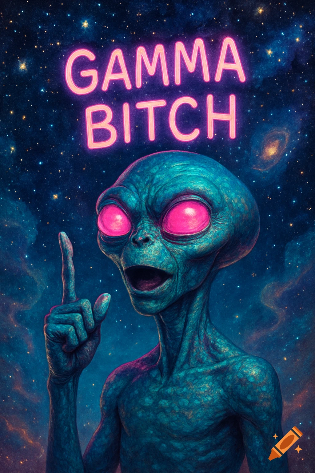 A blue alien with large pink eyes points a finger up, mouth open, under glowing pink neon letters that read "GAMMA BITCH" against a starry space background.