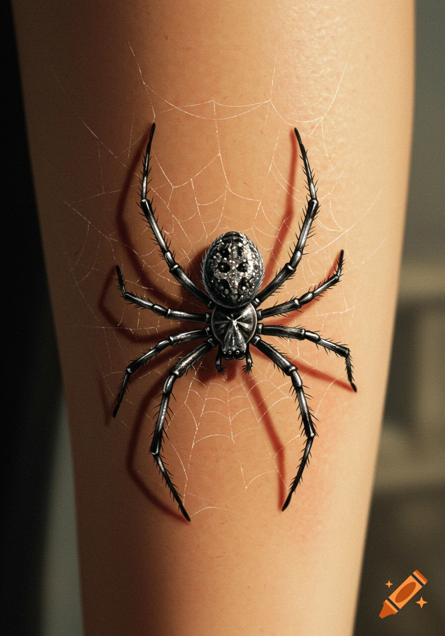 A detailed, realistic black and silver spider tattoo with a faint spiderweb on human skin.