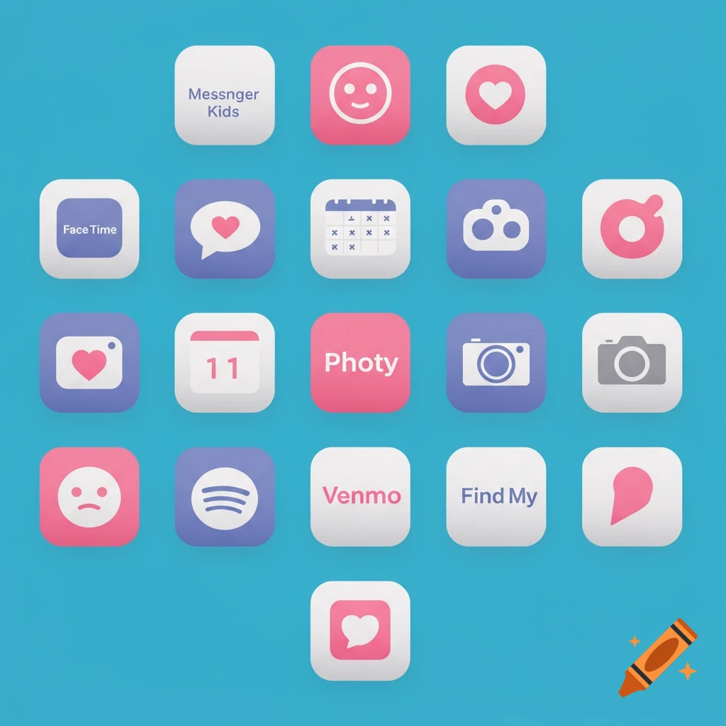 A grid of minimalist app icons in shades of pink, white, and purple on a teal background.