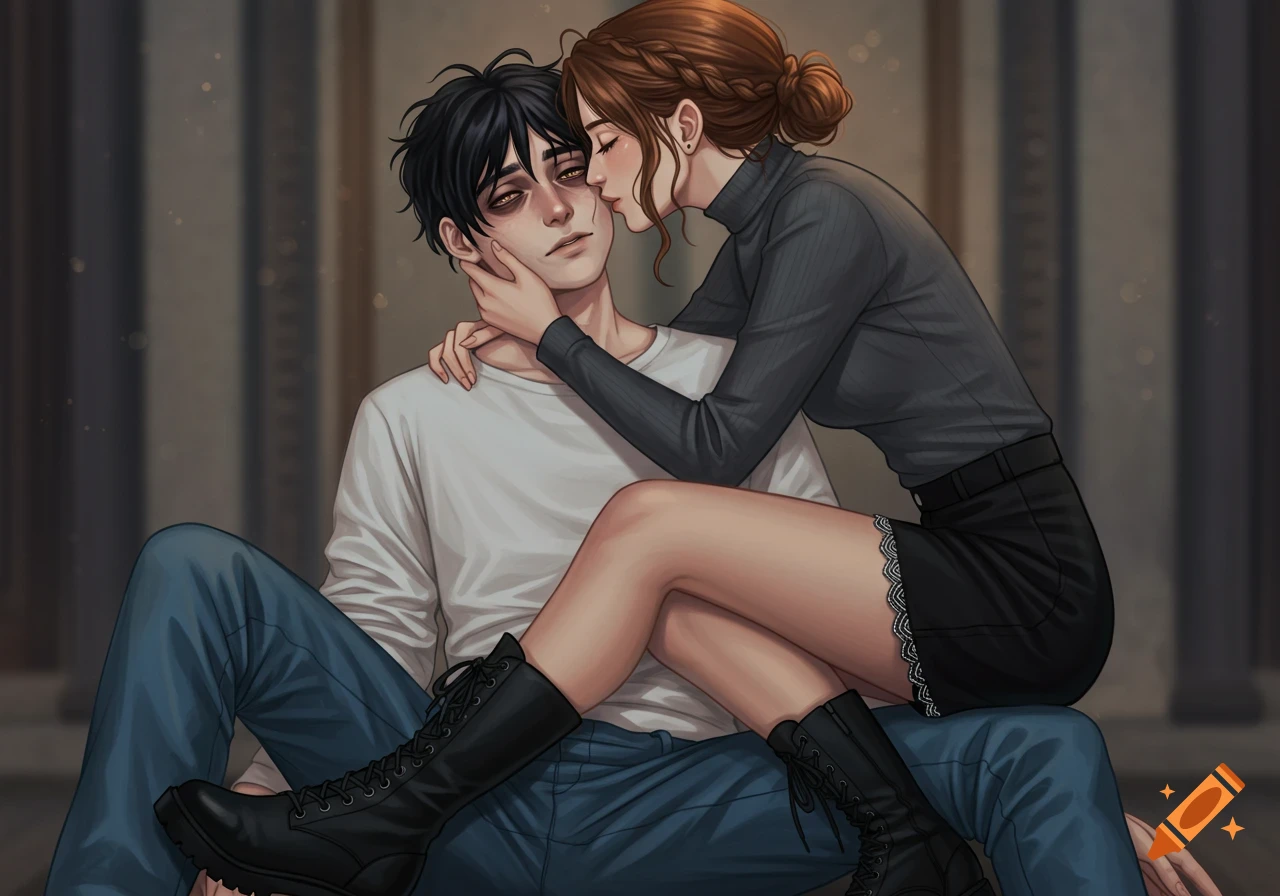 A young woman with brown hair in a braided bun kisses a pale man with dark circles under his eyes in an illustrated style.