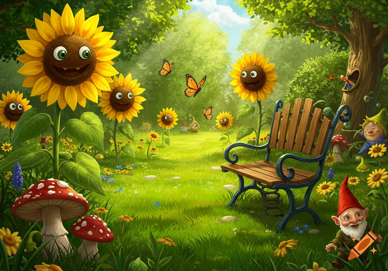 A whimsical cartoon garden scene with smiling sunflowers, garden gnomes, a wooden bench, mushrooms, and butterflies under a sunny sky.