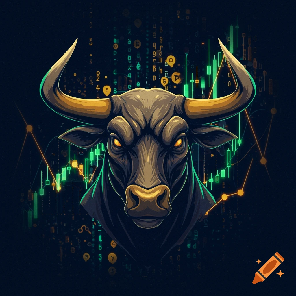 Stylized illustration of a bull head with glowing eyes, set against a dark background with green crypto graphs and digital code.