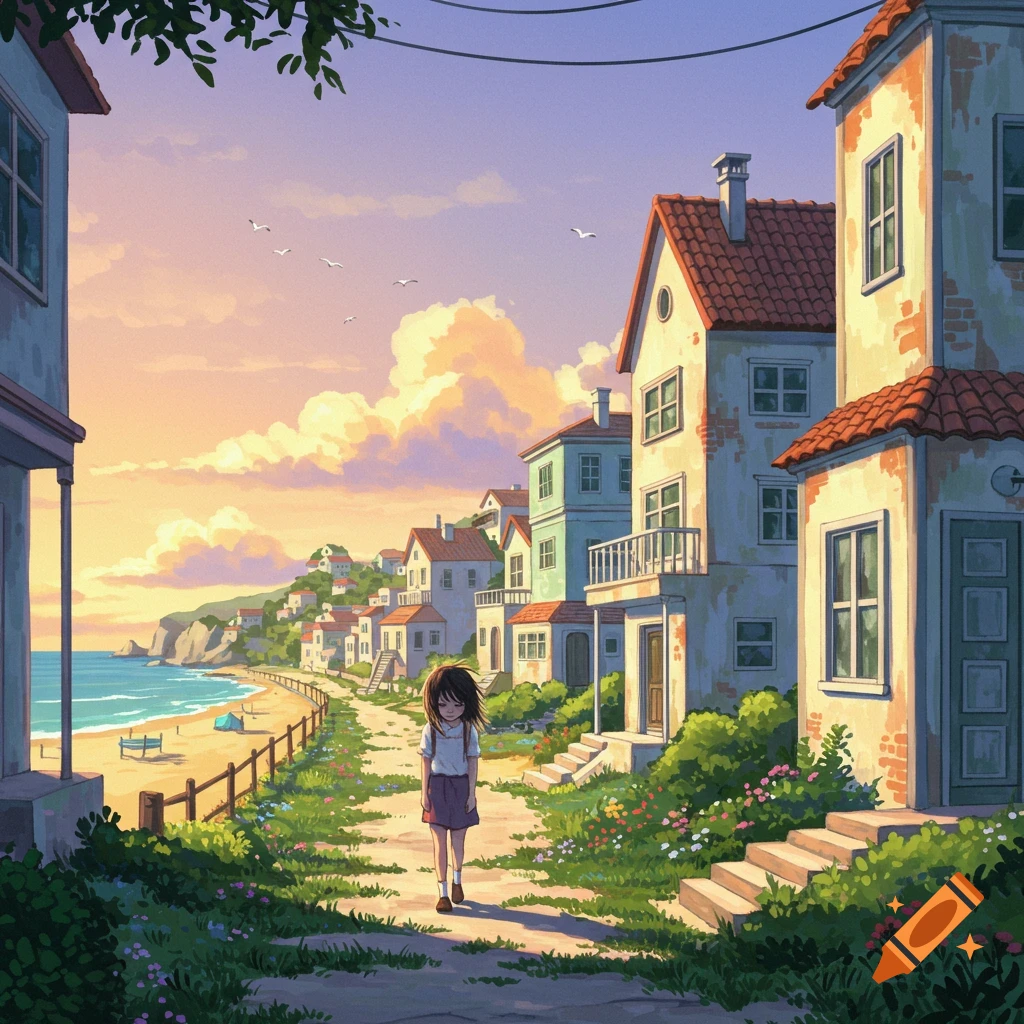 Anime-style illustration of a girl walking on a path through a town by the beach at sunset, with houses and cliffs.