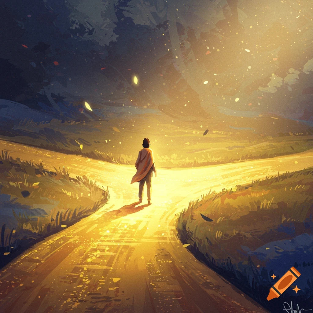 Digital painting of a person from behind, walking on a glowing golden path splitting into two, under a dark, starry sky.