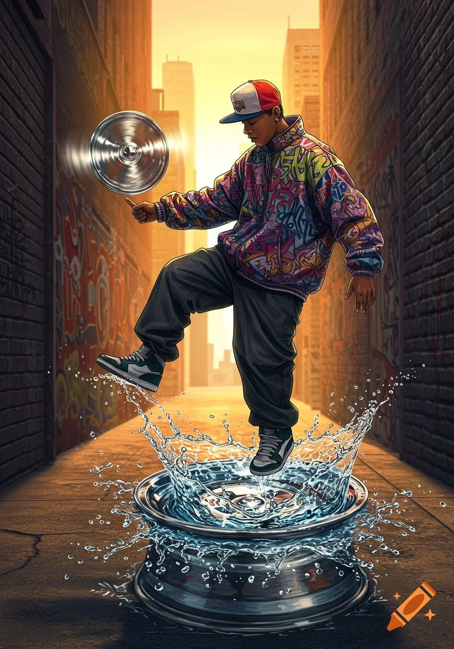 A guy in 90s hip hop style spins a car rim, balancing on another amidst a splash of water in a vibrant, graffiti-filled alley.