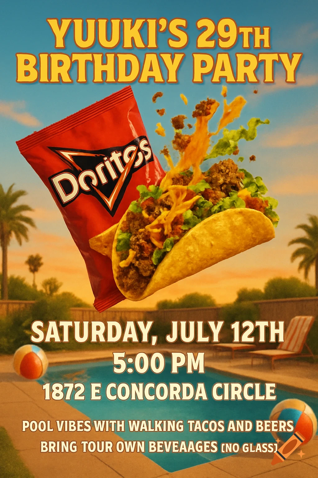 A vibrant party invitation poster features a floating Doritos bag spilling taco ingredients onto a taco shell, set against a poolside background with palm trees at sunset. Event details are written in bold, playful fonts.