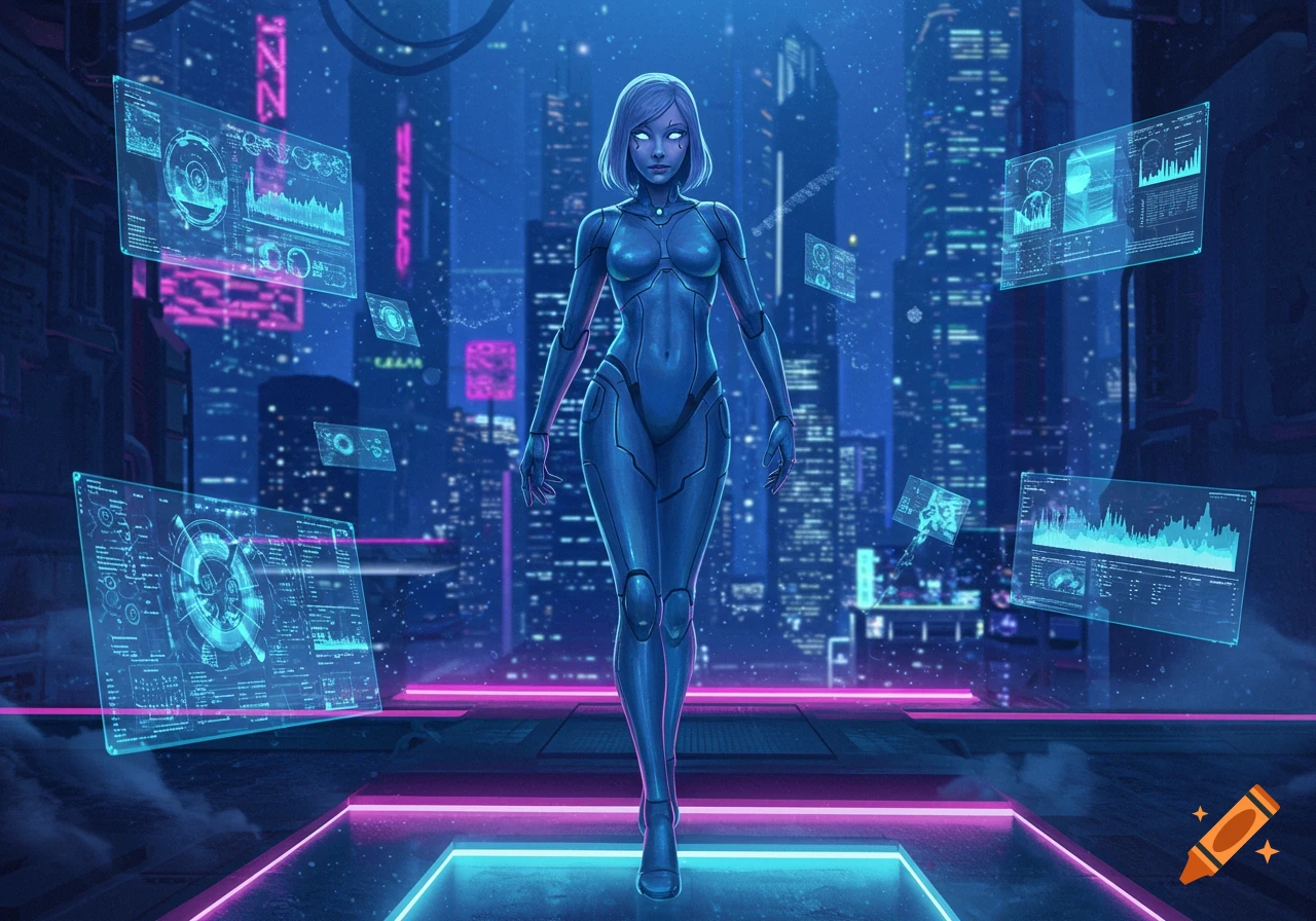 A futuristic female robot stands in a neon-lit cyberpunk city at night, surrounded by holographic data screens.