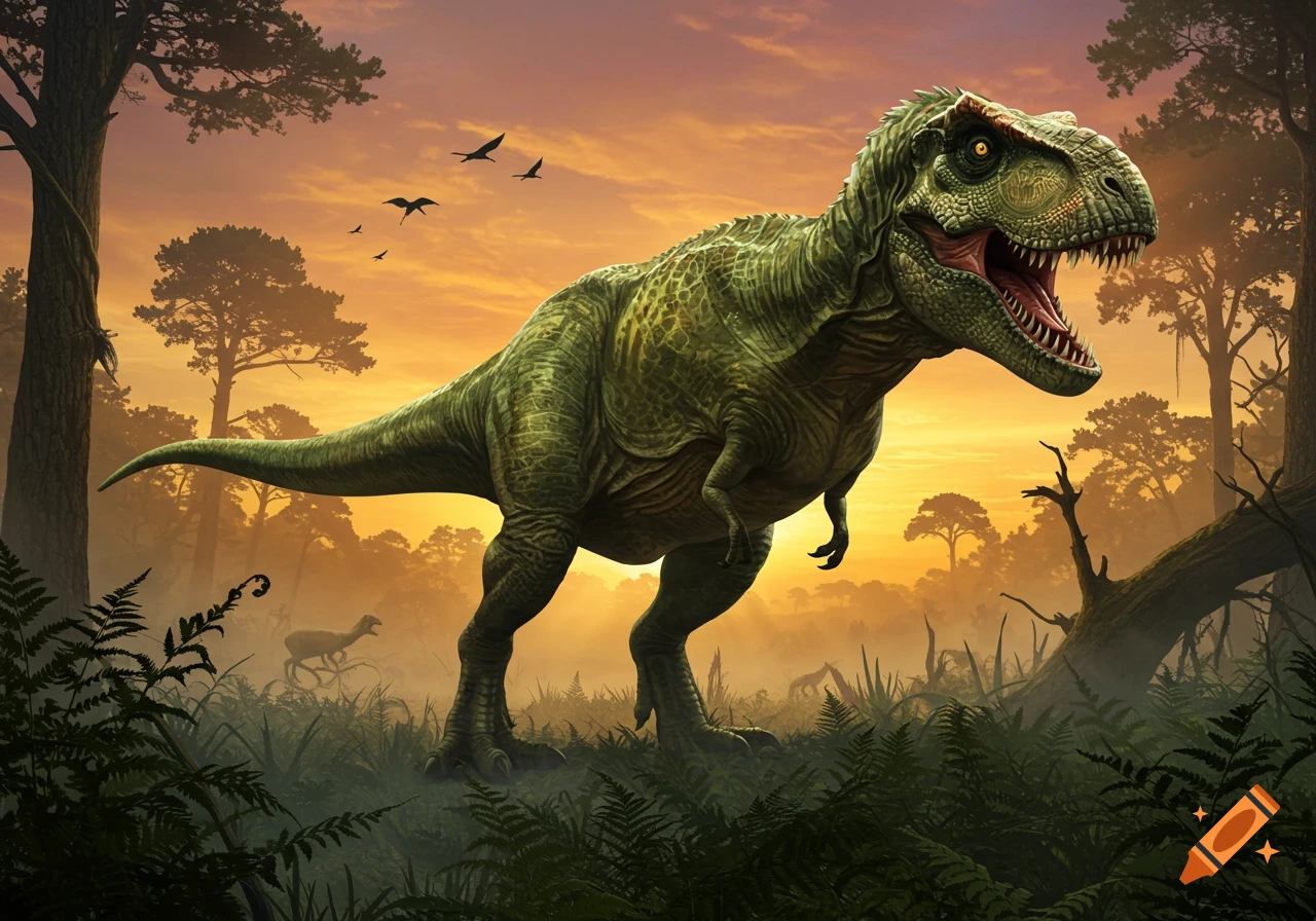 A large green Tyrannosaurus Rex stands in a prehistoric jungle under a sunset sky, with flying birds and another dinosaur in the distance.