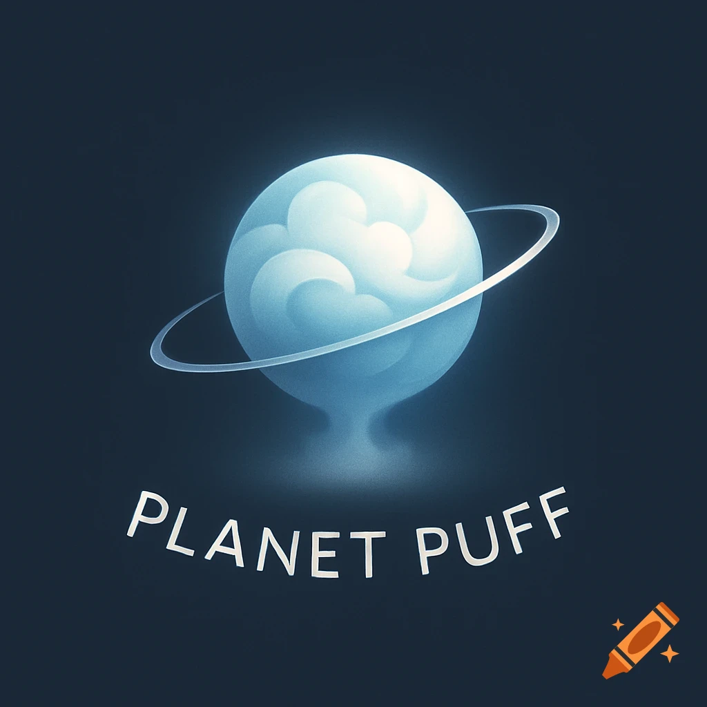A blue stylized planet with cloud-like patterns and a ring, above the text 'PLANET PUFF' on a dark background.