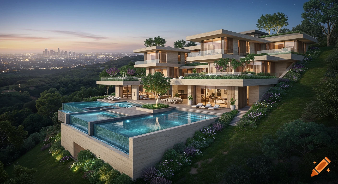 A modern luxury mansion with terraced levels and infinity pools overlooking a city at dusk.