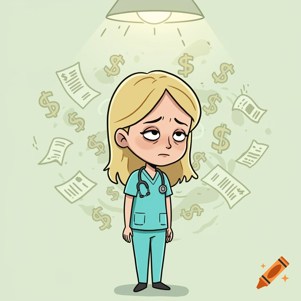 Cartoon of an exhausted blonde female doctor in scrubs, surrounded by floating dollar signs and bills, indicating financial stress.