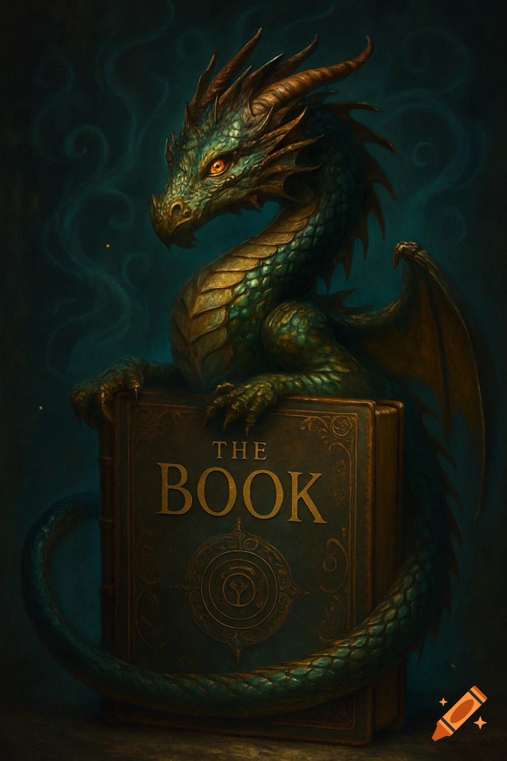 A majestic teal and gold dragon with glowing orange eyes rests its claws on an ornate book titled "THE BOOK".