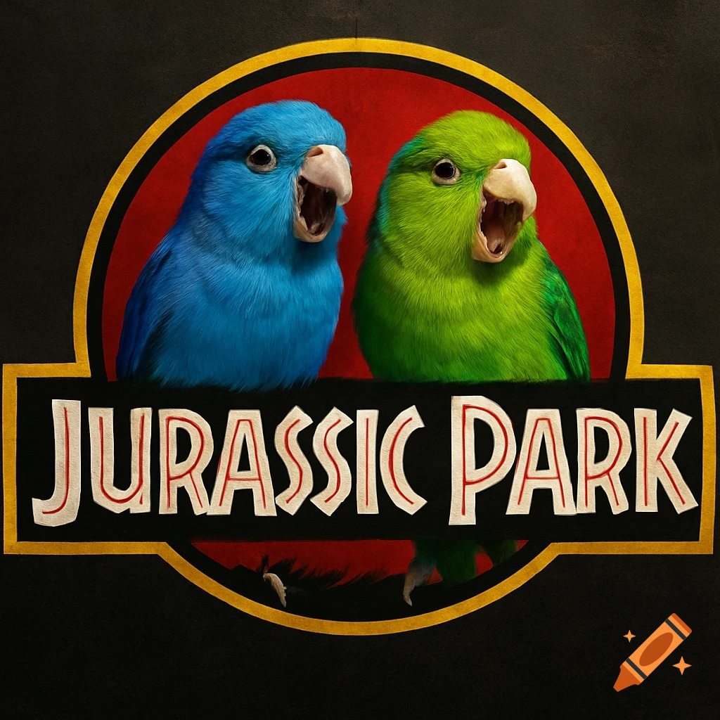 A blue and a green parrotlet with open beaks inside a Jurassic Park logo that reads 'JURASSIC PARK'.