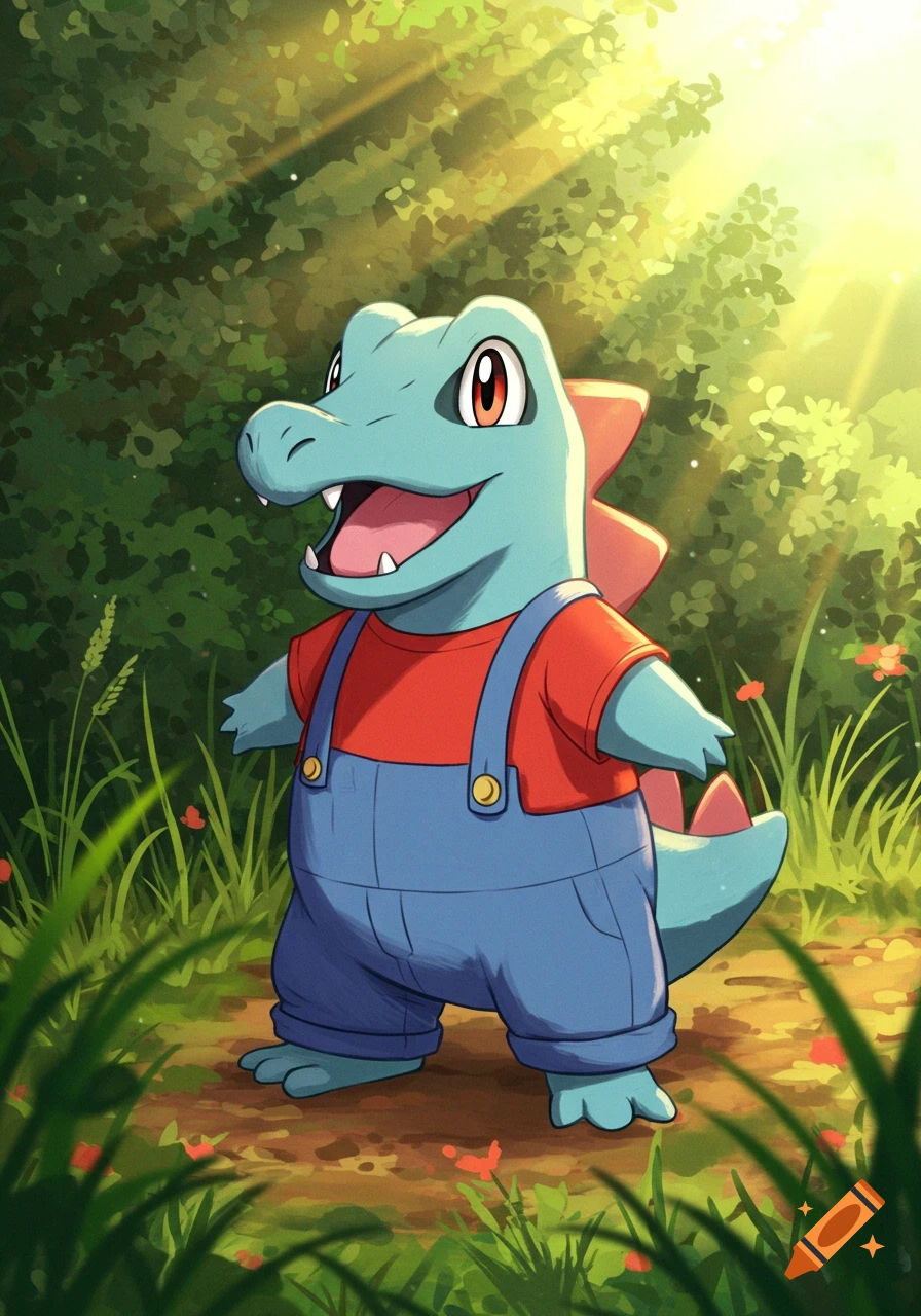 A happy Totodile from Pokemon wears a red t-shirt and blue overalls in a sunlit forest clearing.