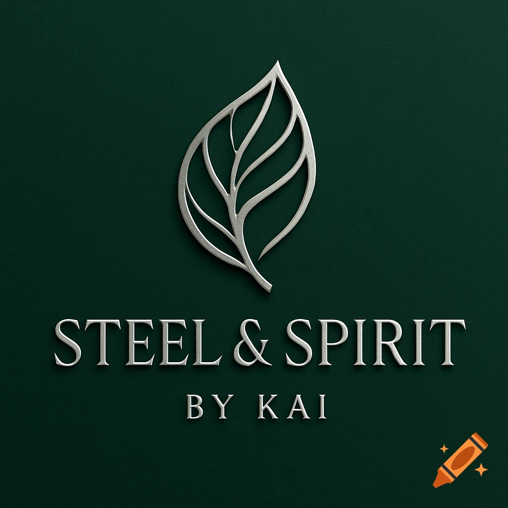 A metallic silver leaf logo above the text 'Steel & Spirit by Kai' on a dark green background.