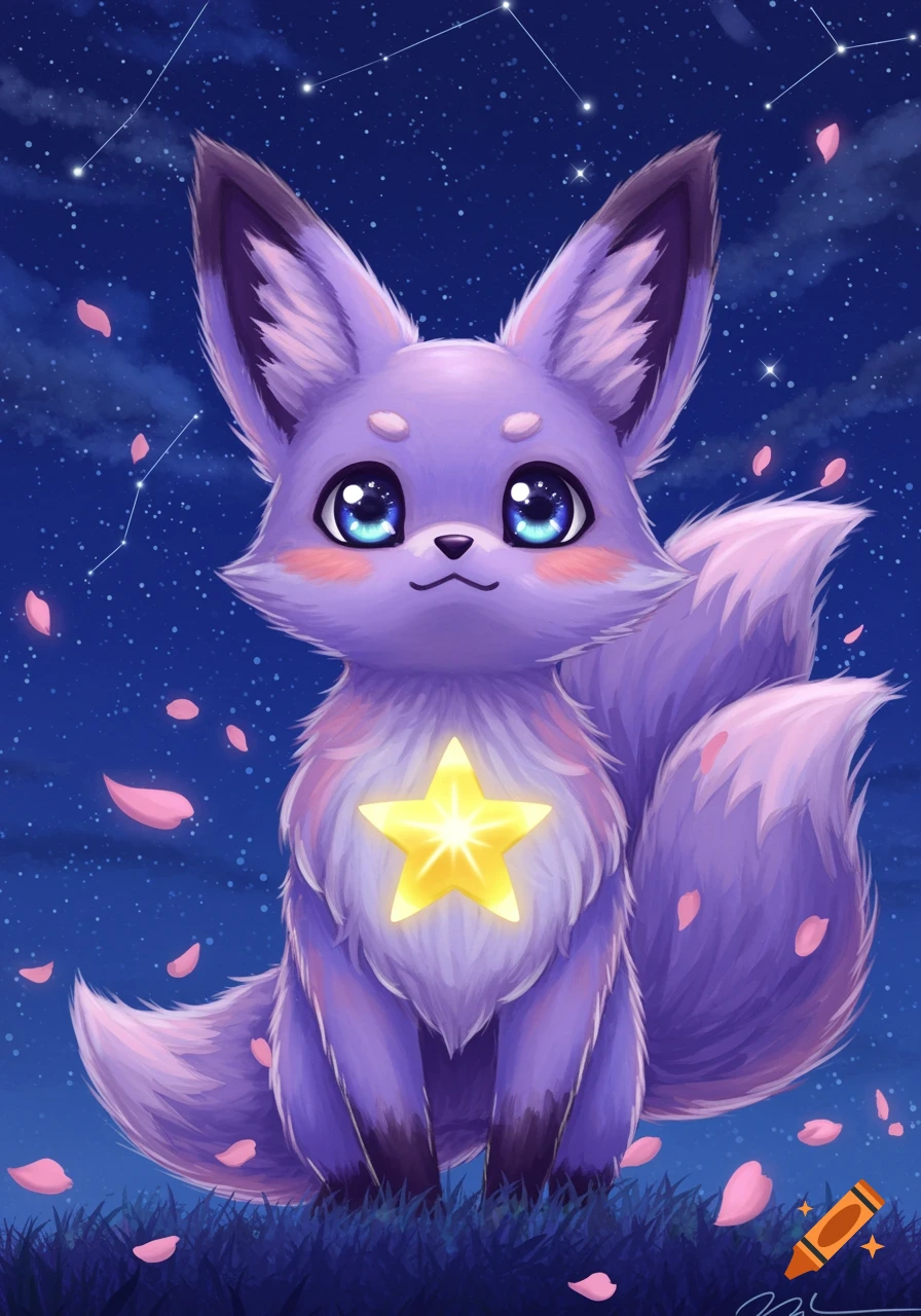 A cute purple anime fox with a glowing yellow star on its chest sits in grass under a starry night sky with pink petals.