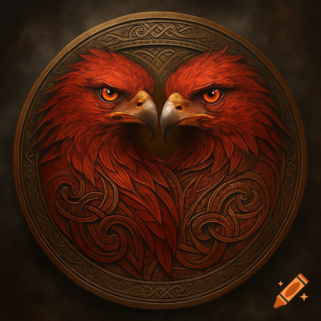 Two ornate red hawk heads with orange eyes face each other within a circular, bronze-colored shield with intricate patterns.