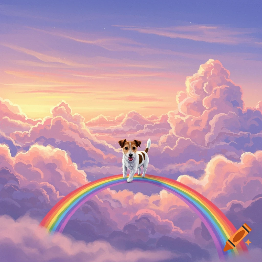 A cute Jack Russell dog walks on a bright rainbow arching over pastel-colored clouds at sunset, in an illustrated style.