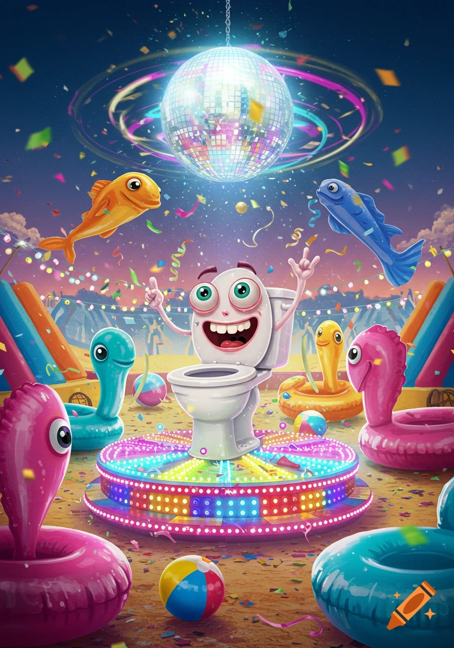 A cheerful cartoon toilet character at a vibrant outdoor disco party, surrounded by inflatable animal toys and confetti.