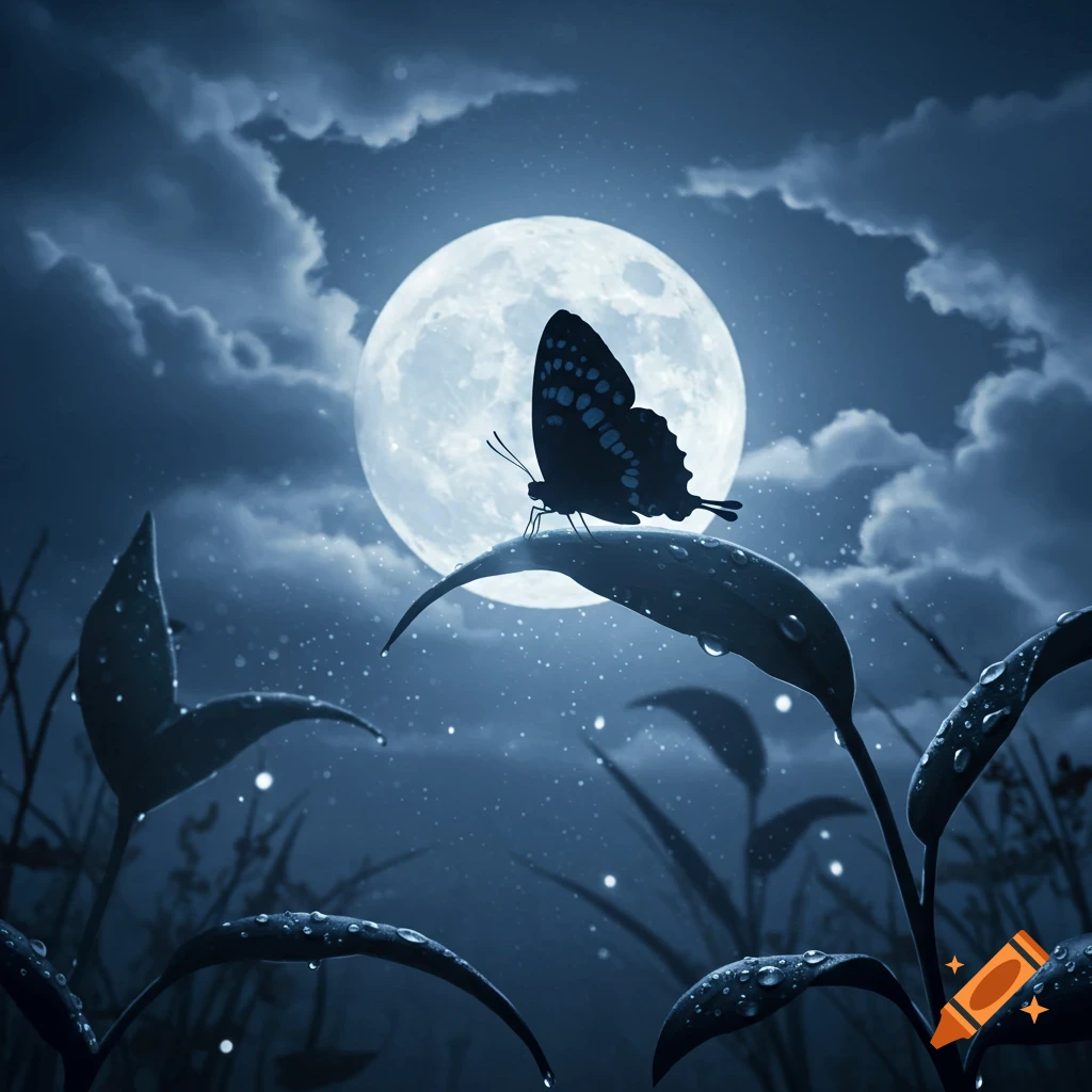 A silhouette of a butterfly with patterned wings rests on a leaf with dew drops, under a large, bright full moon in a cloudy, dark blue night sky.