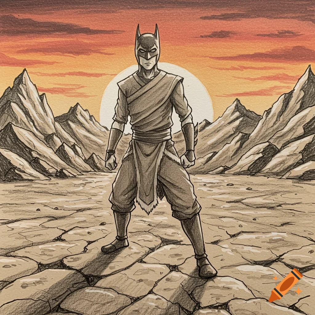 A character with a Batman mask and monk-like robes, resembling an Earthbender, stands in a desolate, rocky landscape under an orange sunset.