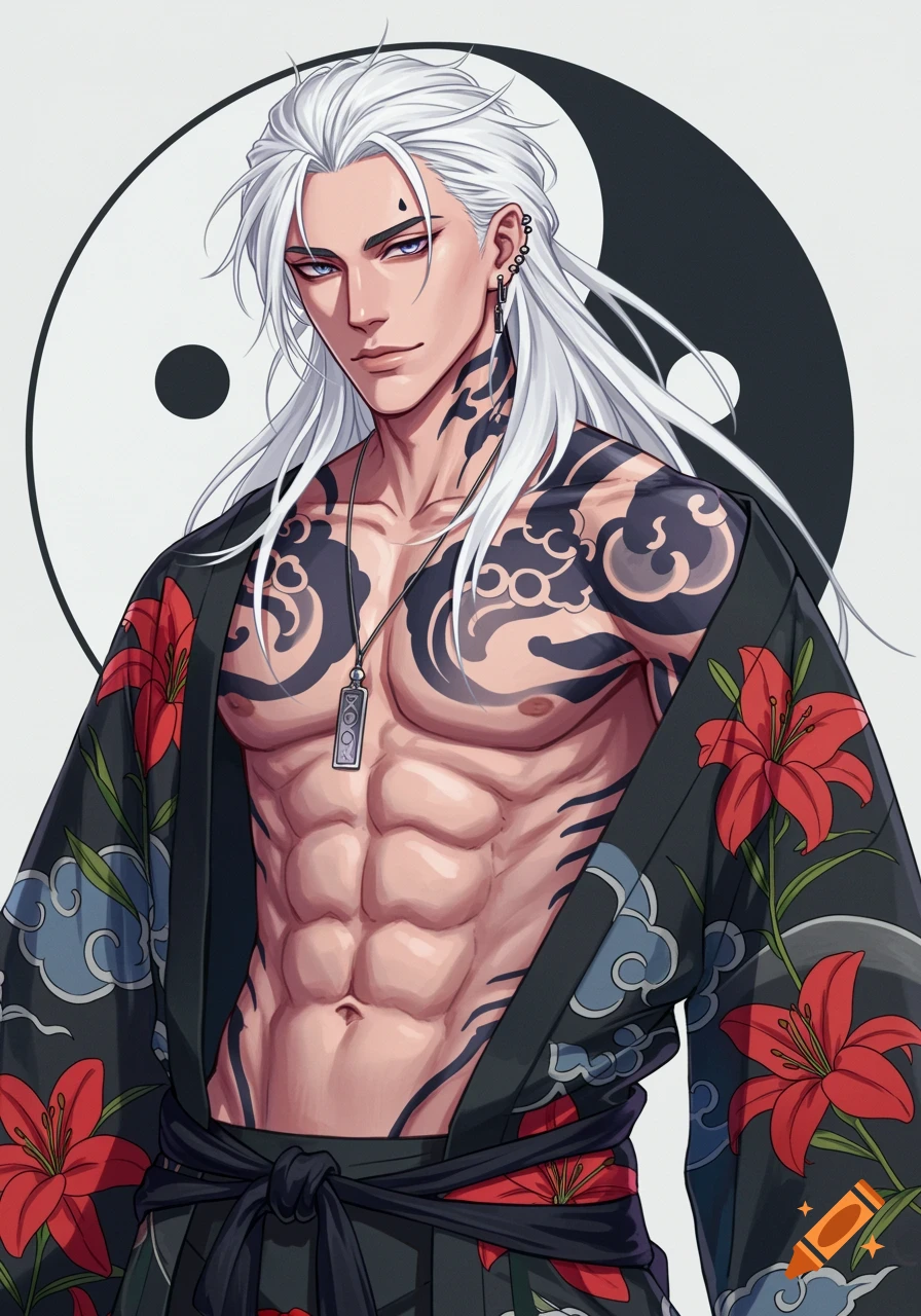 Anime male character with long white hair, black tattoos, and a muscular torso, wearing an open black kimono with red lilies and clouds, standing in front of a yin-yang symbol.