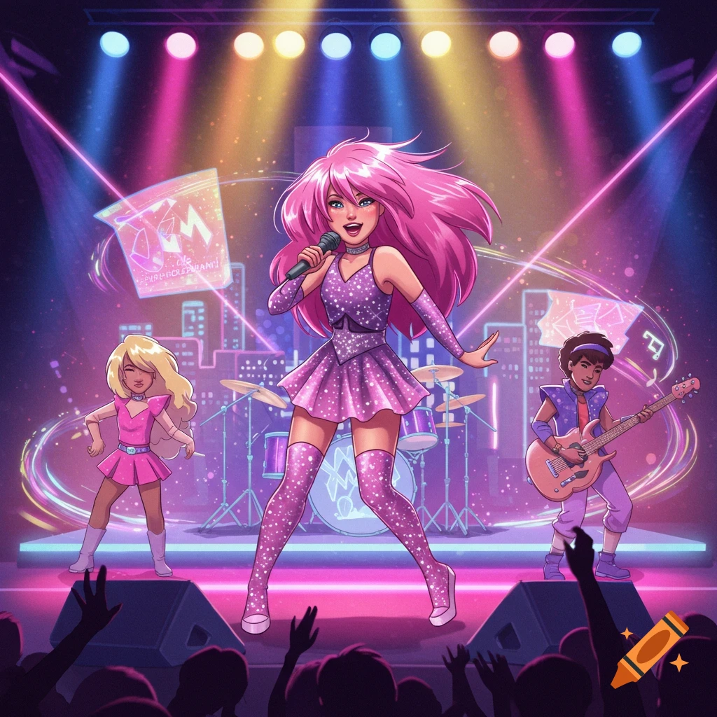 A vibrant cartoon band performs on a stage under colorful spotlights, featuring a pink-haired lead singer and her bandmates.