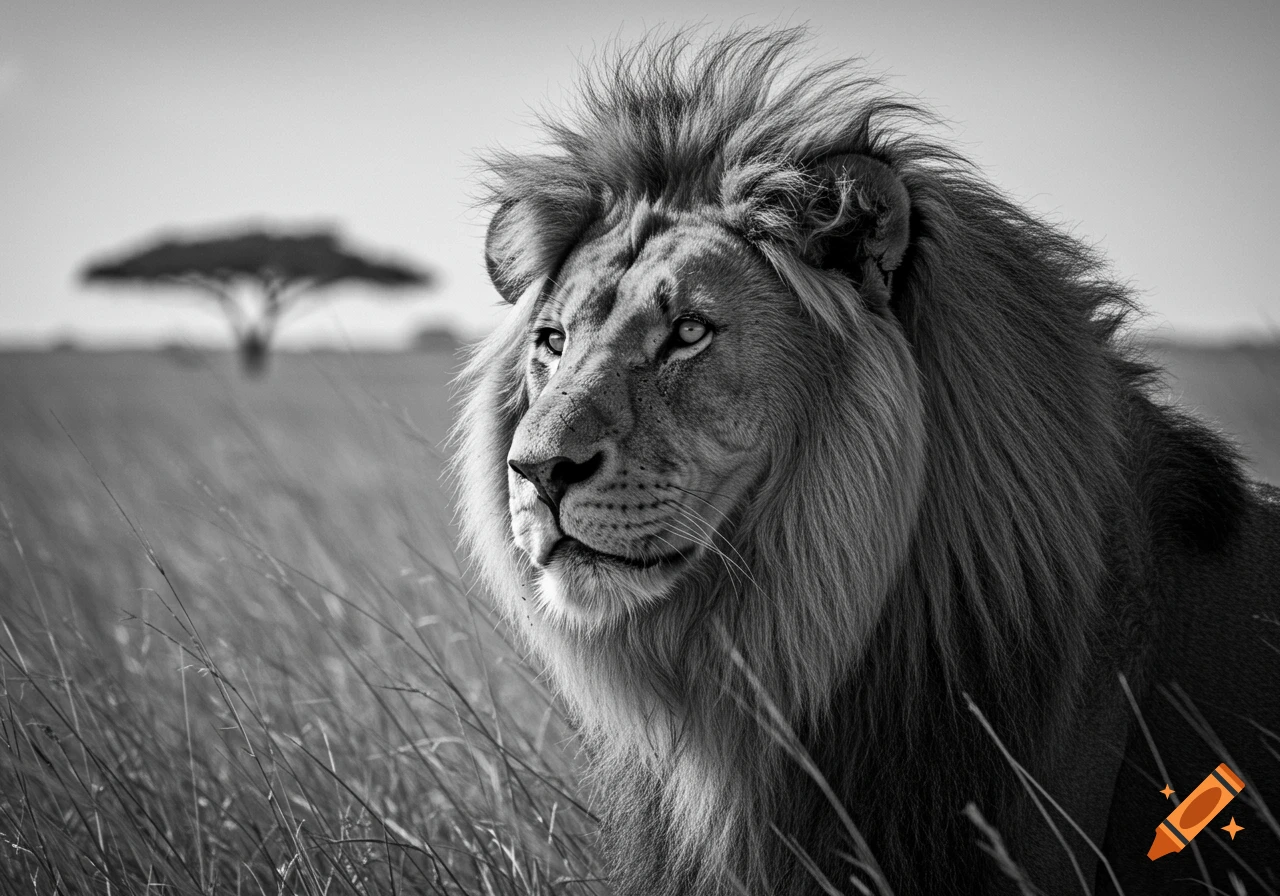 Close-up black and white photorealistic image of a majestic lion looking left in tall grass with an acacia tree in the background.