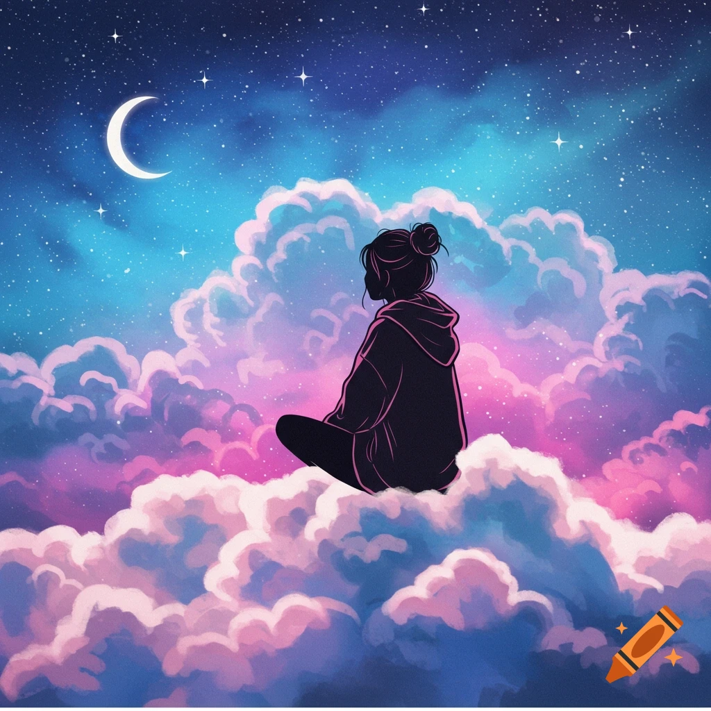 A stylized illustration of a woman's silhouette sitting cross-legged on a large cumulus cloud under a starry sky with a crescent moon.