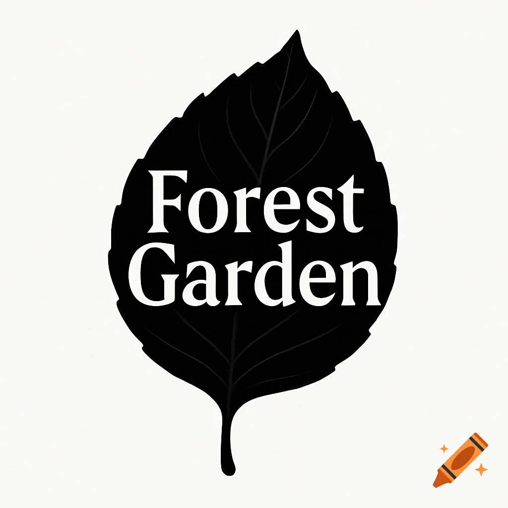 A black leaf logo with the words Forest Garden in white.