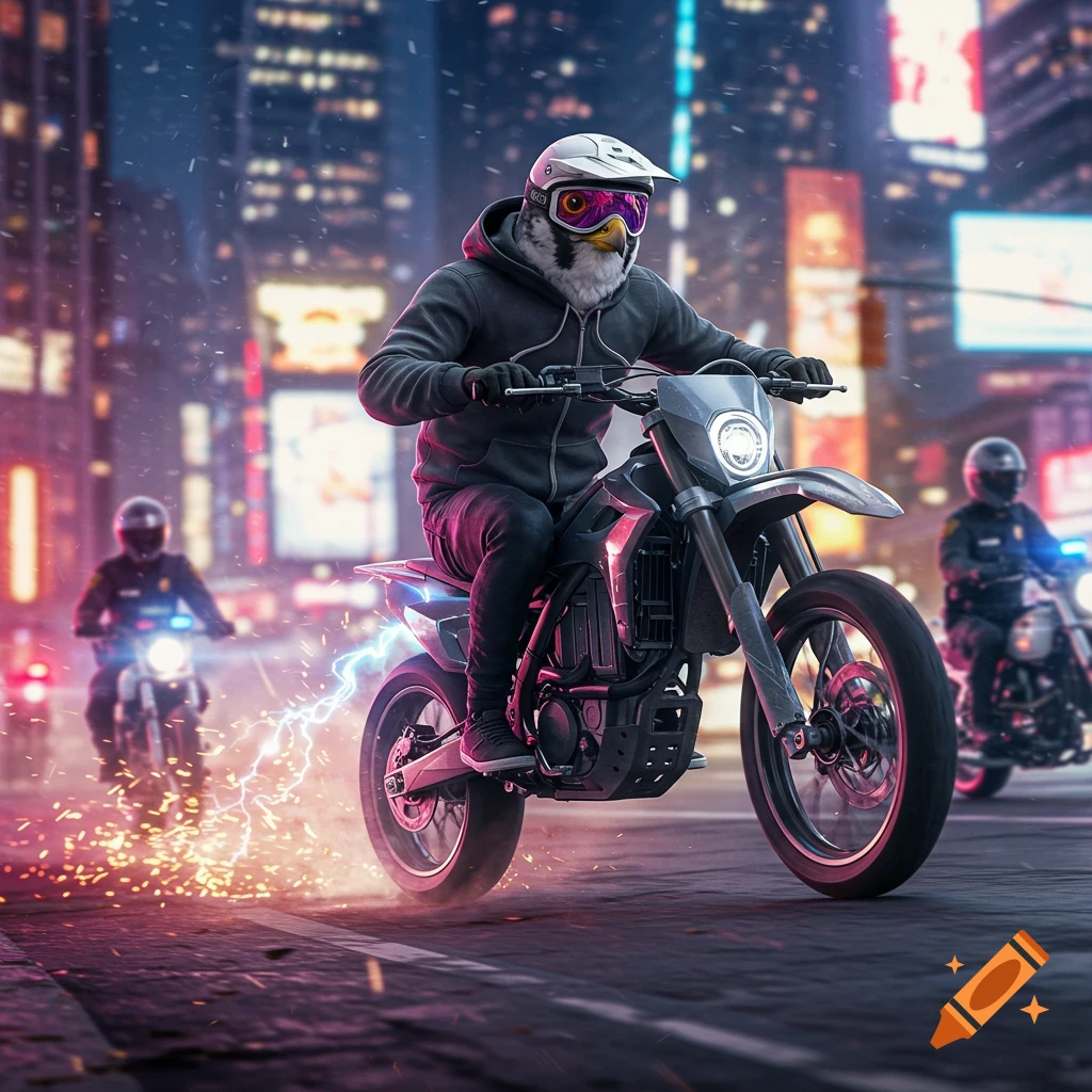 Photorealistic anthropomorphic falcon in hoodie and helmet rides electric dirtbike, sparks flying, pursued by police in a night city chase.