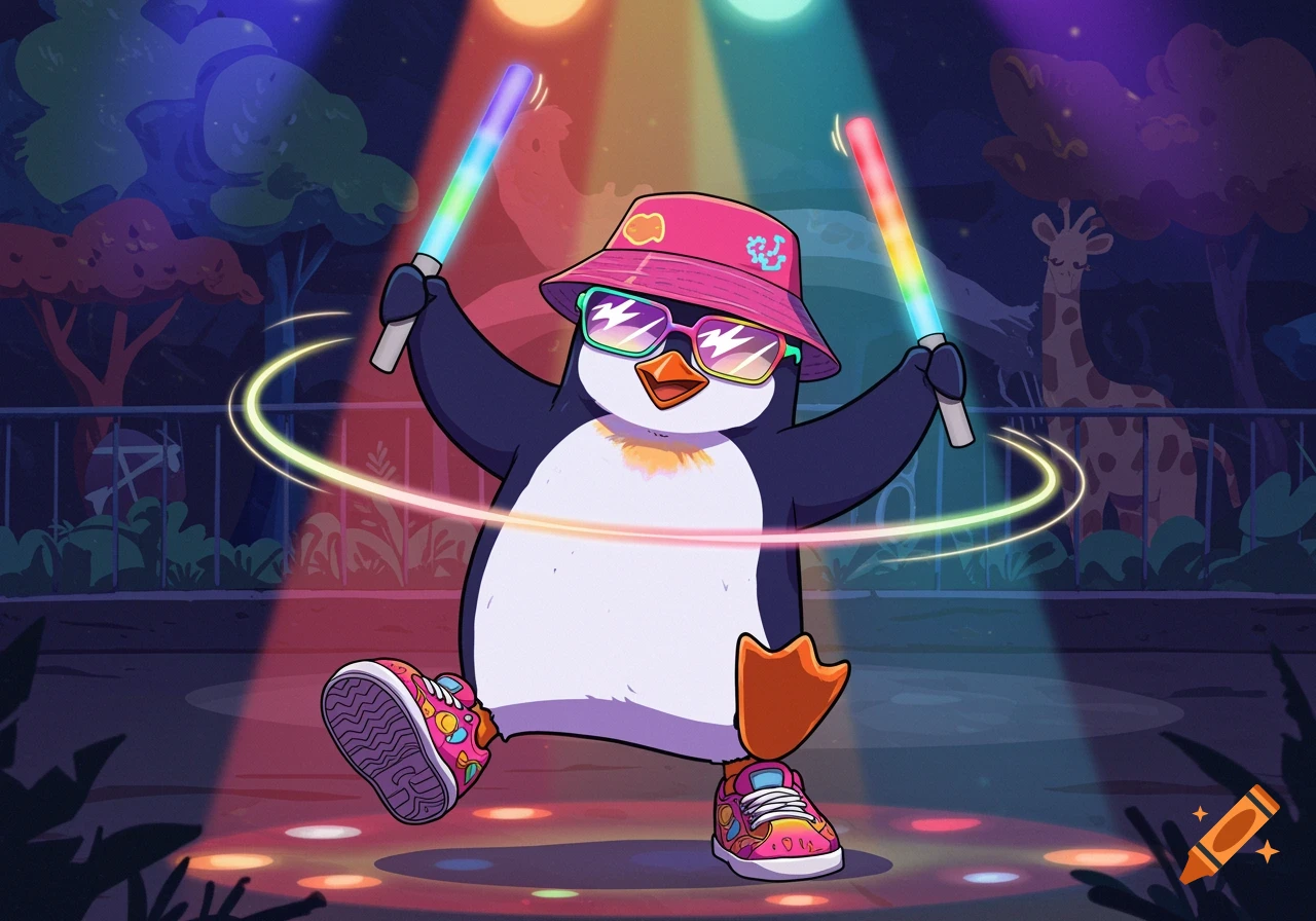 A cartoon penguin wearing a pink bucket hat and sunglasses dances with glowsticks in a colorful, lit-up zoo scene.
