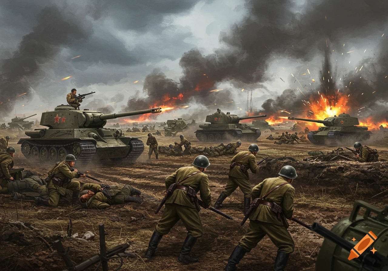 A painting of a chaotic battle with Soviet-era tanks firing and soldiers advancing and falling on a muddy field under a smoky sky.