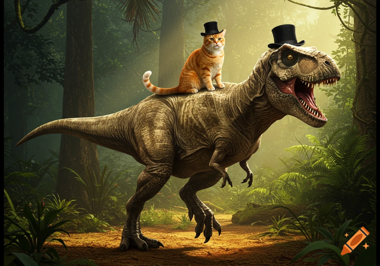An orange tabby cat wearing a top hat rides on the back of a large T-Rex, also wearing a top hat, through a lush jungle.