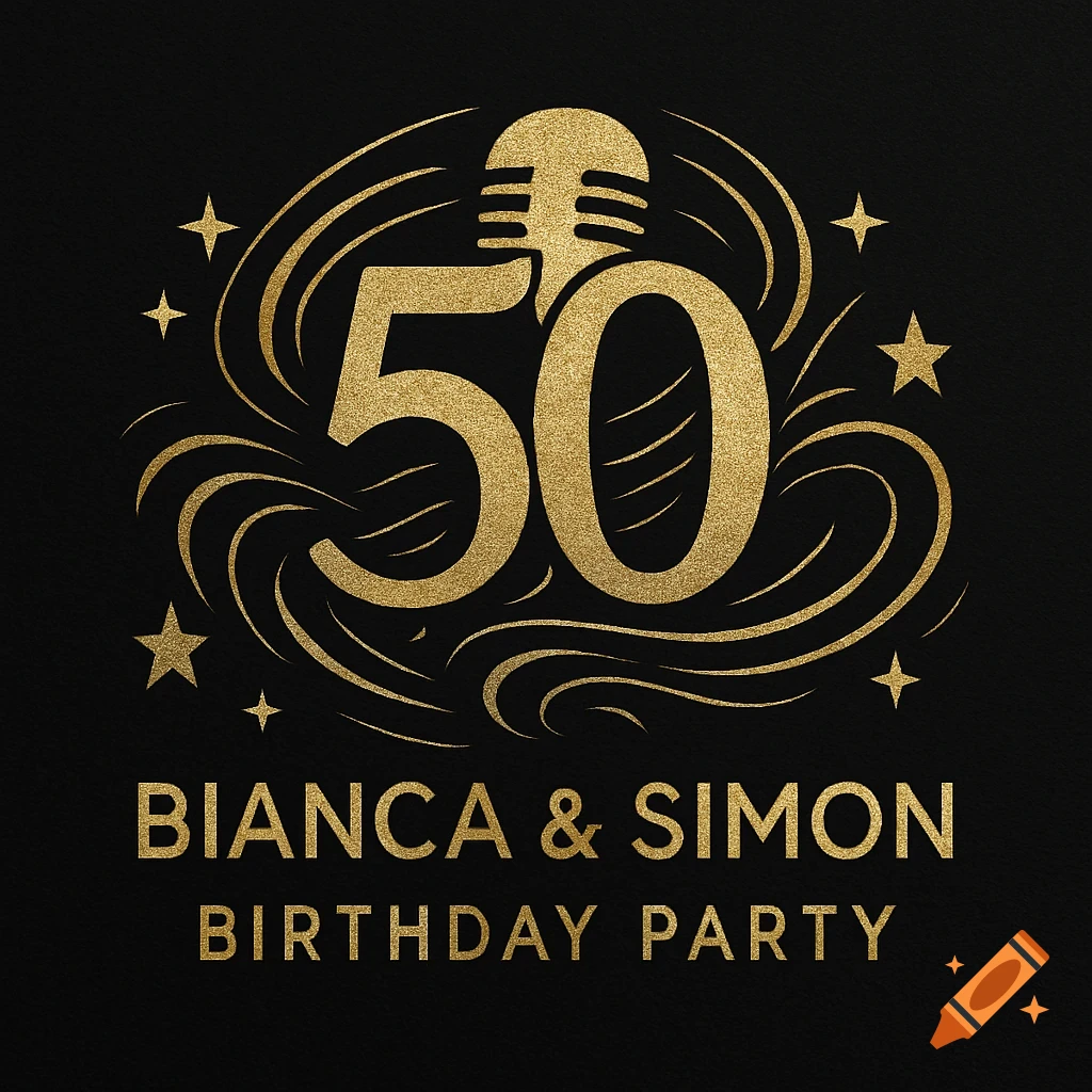 Gold glitter logo with a microphone and number 50, surrounded by swirls and stars, above the text 'BIANCA & SIMON BIRTHDAY PARTY' on a black background.