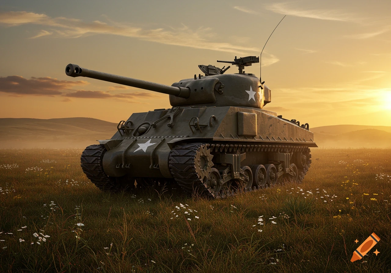 A photorealistic image of a green M4A3E2 "Jumbo" Sherman Tank with white stars, standing in a grassy field at sunset.