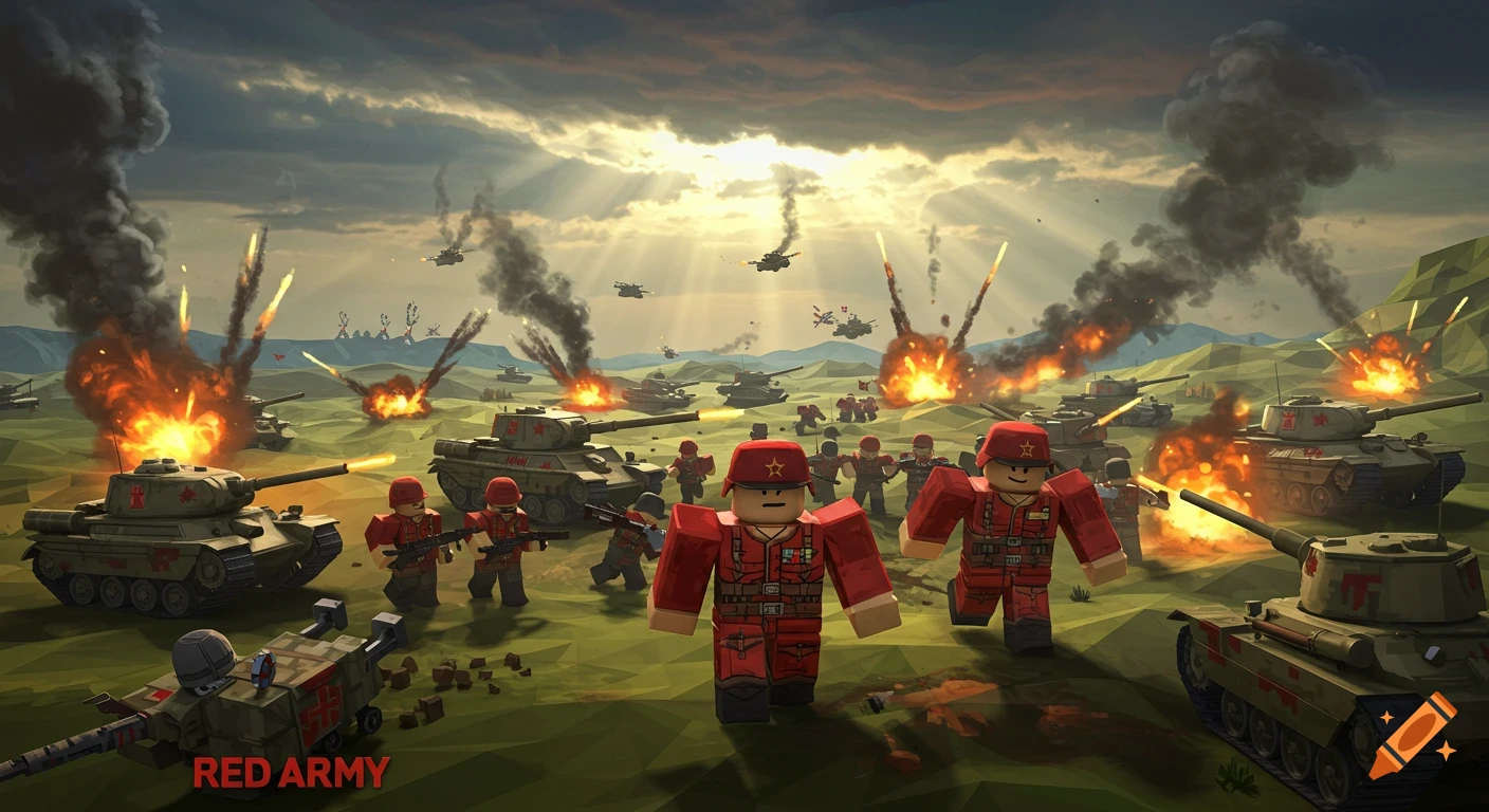 A blocky Roblox-style battlefield with red army soldiers and tanks engaged in battle, explosions and smoke fill the air under a dramatic sky.