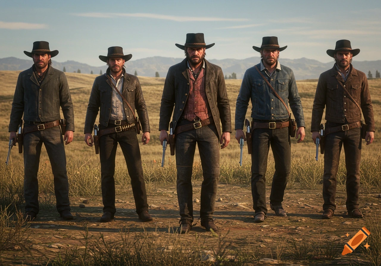 Five photorealistic cowboys in Western attire hold revolvers while standing in a dry, grassy field with mountains.