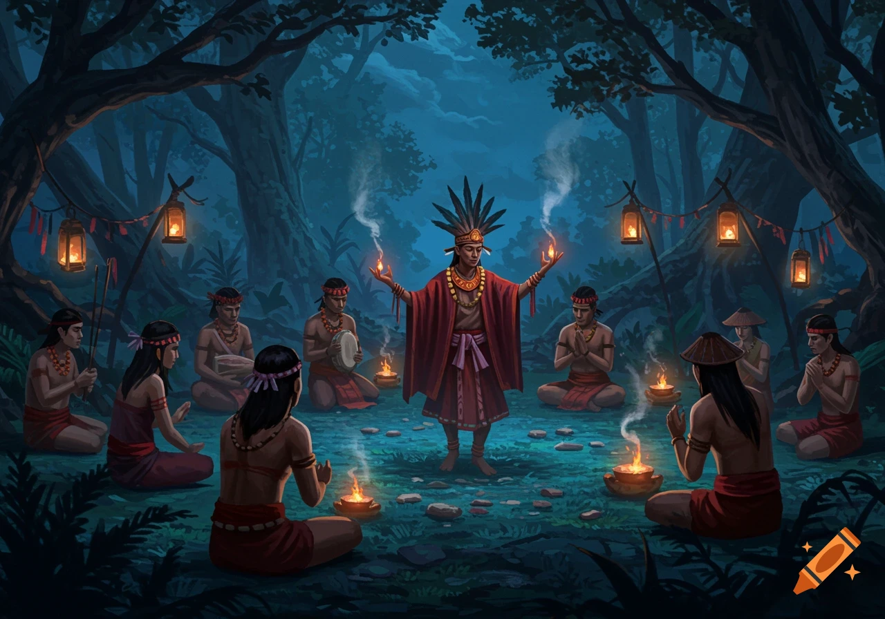 A group performs a mystical ritual in a dark forest. A central figure in a feathered headdress raises hands, surrounded by seated people and glowing fires.