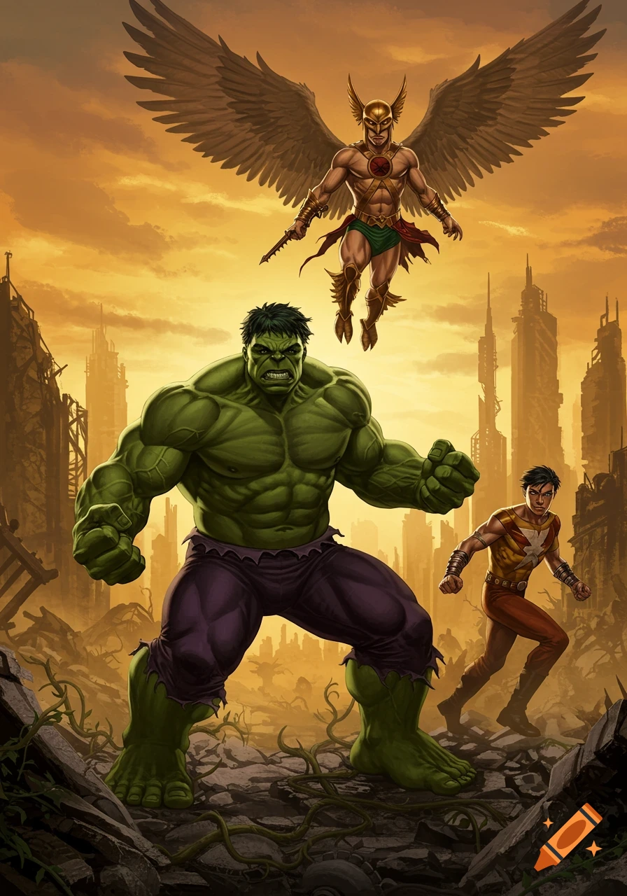 Hulk, Hawkman, and Kamandi in a ruined city under an orange sky, rendered in a comic book art style.