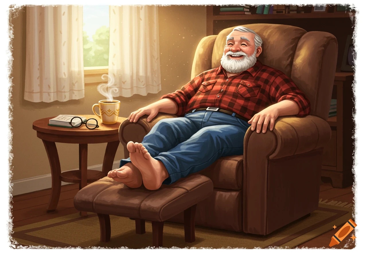 Illustration of a happy grandfather with a gray beard relaxing in a recliner, feet propped up, in a cozy living room with soft light.