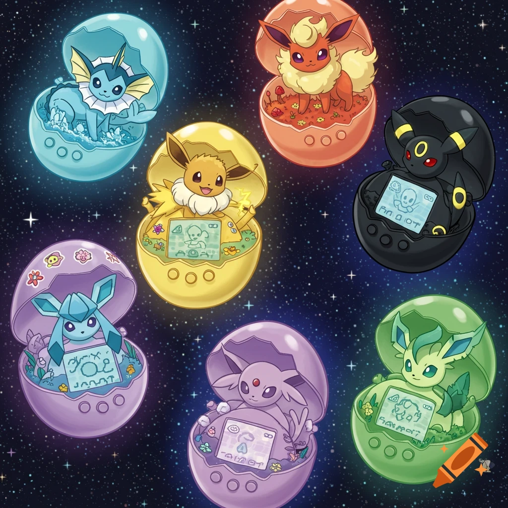 Colorful cartoon Eevee evolutions, like Vaporeon and Flareon, in egg-shaped Tamagotchi devices against a starry background.