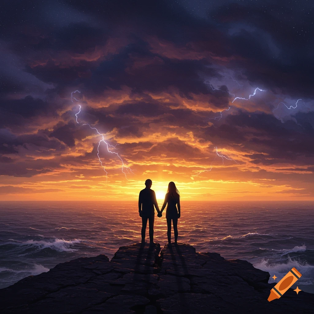Silhouetted couple holding hands on a rocky cliff overlooking a stormy ocean with lightning and a vibrant sunset.